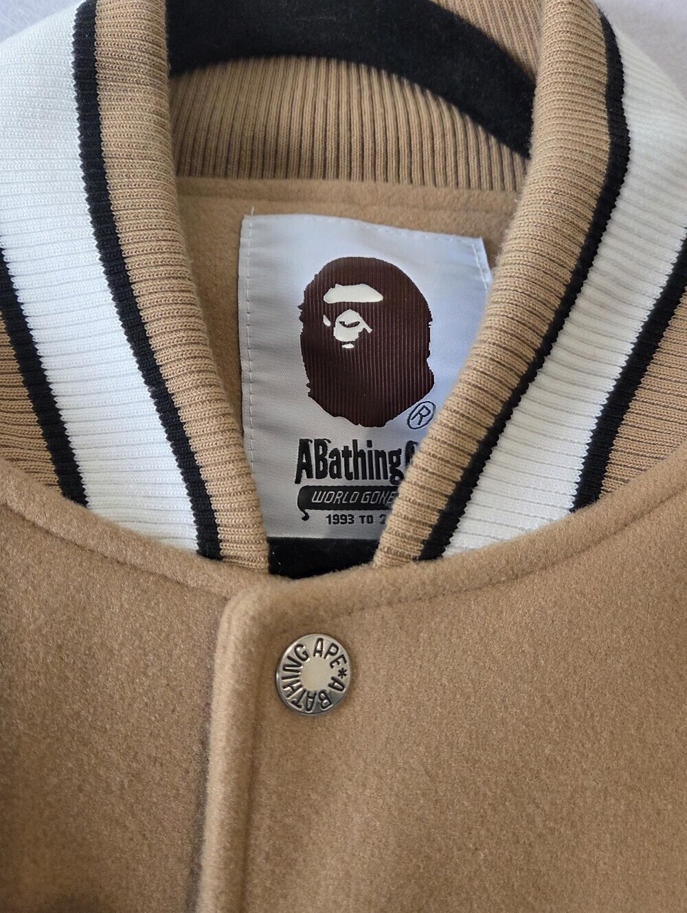 A BATHING APE BAPE MULTI MOTIF VARSITY JACKET BEIGE SIZE XXL (NWT) - Picture 8 of 14